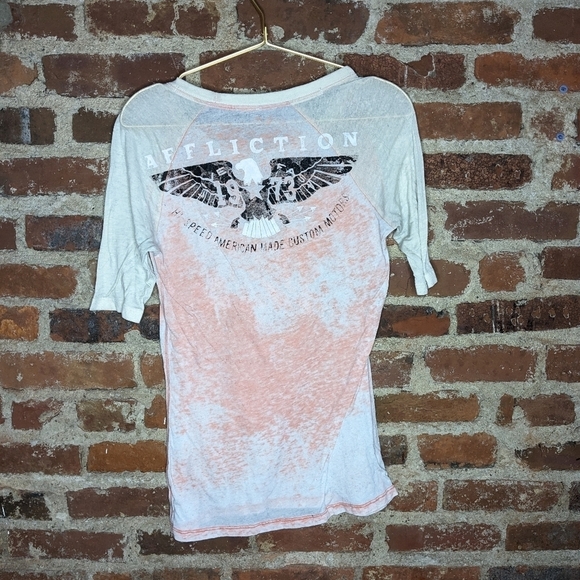 Affliction Medium Orange & White Graphic Sheer Short Sleeve Scoop Neck T-shirt - Picture 2 of 5